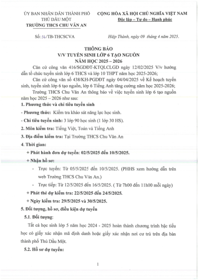 Thông báo v/v Tuyển sinh lớp 6 tạo nguồn năm học 2025-2026