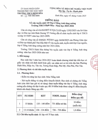 Thông báo V/v tuyển sinh vào lớp  Tiếng Anh tăng cường THCS Định Hòa năm học 2025-2026