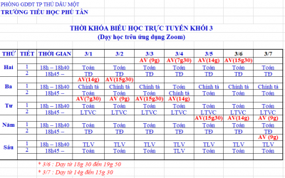Thời khóa biểu dạy Trực tuyến trên ứng dụng Zoom Lớp 3