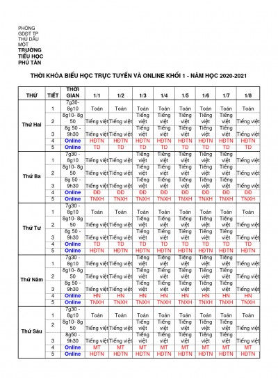 Lịch học trực tuyến Khối 1