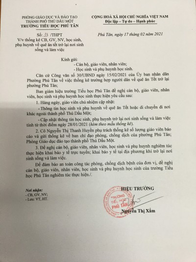 V/v thống kê CB, GV, NV, học sinh, phụ huynh về quê ăn tết trở lại nơi sinh sống và làm việc