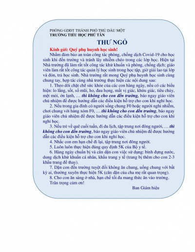 Thư ngỏ đến Quý phụ huynh học sinh về việc phối hợp phòng, chống dịch hiệu quả