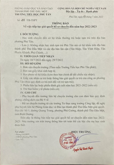 Thông báo về việc tiếp tục giải quyết hồ sơ chuyển đến hè 2022
