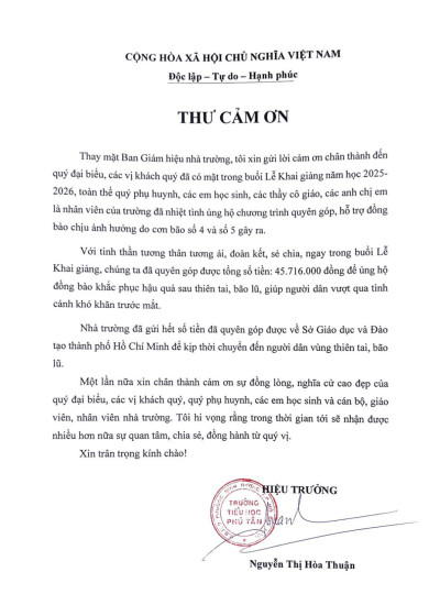 THƯ CẢM ƠN