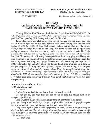 KẾ HOẠCH CHIẾN LƯỢC PHÁT TRIỂN TRƯỜNG TIỂU HỌC PHÚ TÂN GIAI ĐOẠN 2023-2027 VÀ TẦM NHÌN ĐẾN 2032