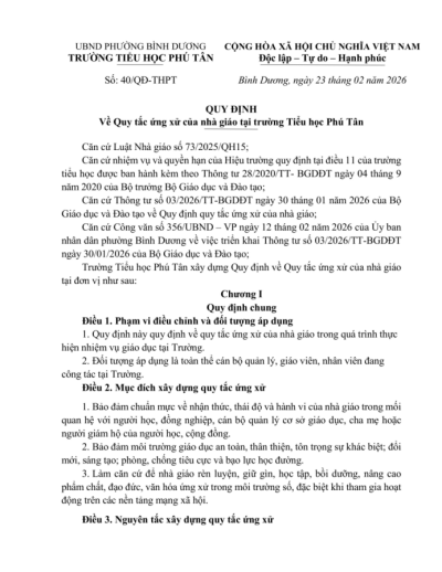 QUI ĐỊNH VỀ QUI TẮC ỨNG XỬ CỦA  NHÀ GIÁO TẠI TRƯỜNG TIỂU HỌC PHÚ TÂN