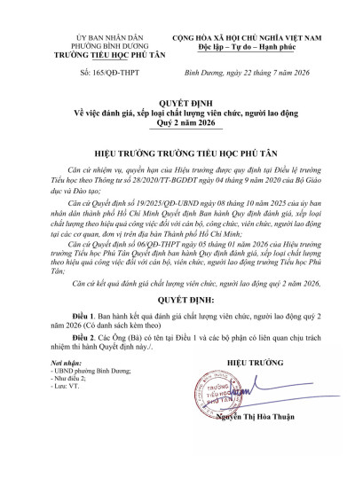 Quyết định về việc đánh giá, xếp loại chất lượng viên chức, người lao động  Quý 2 năm 2026