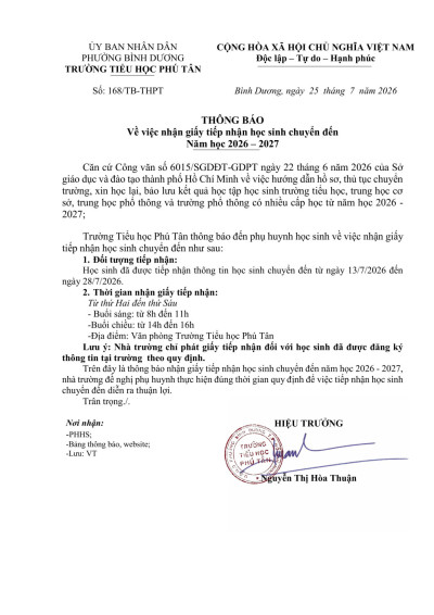 Về việc tiếp nhận học sinh chuyển đến năm học 2026-2027