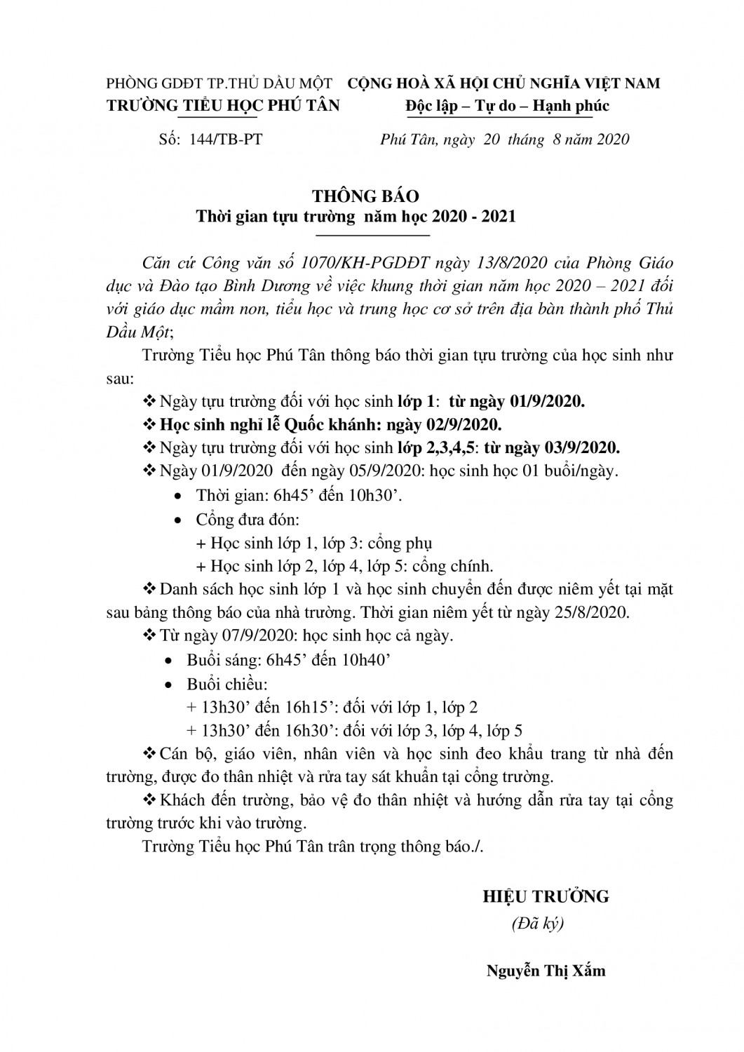 THÔNG BÁO THỜI GIAN TỰU TRƯỜNG