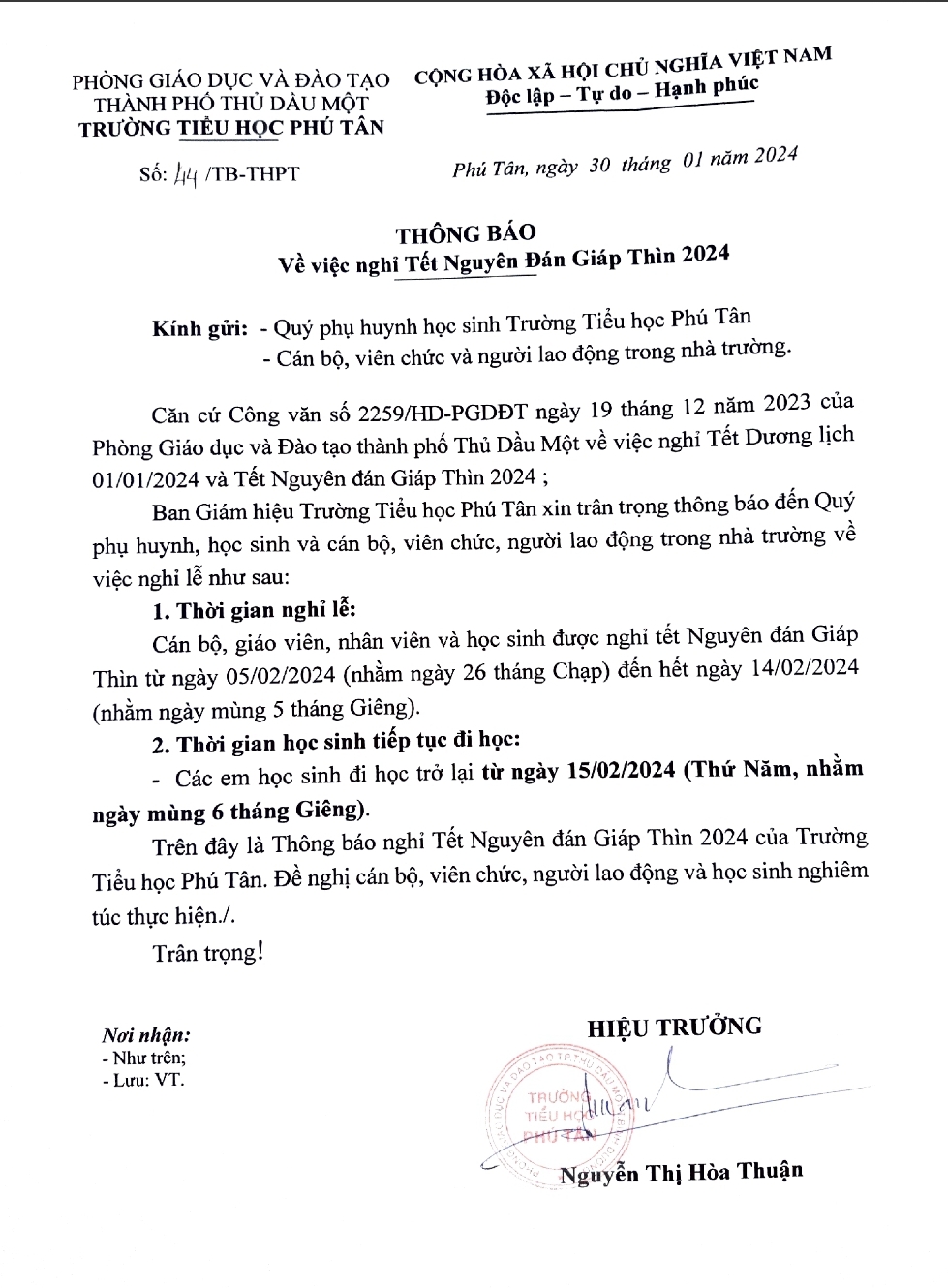 TB nghi tet NĐ