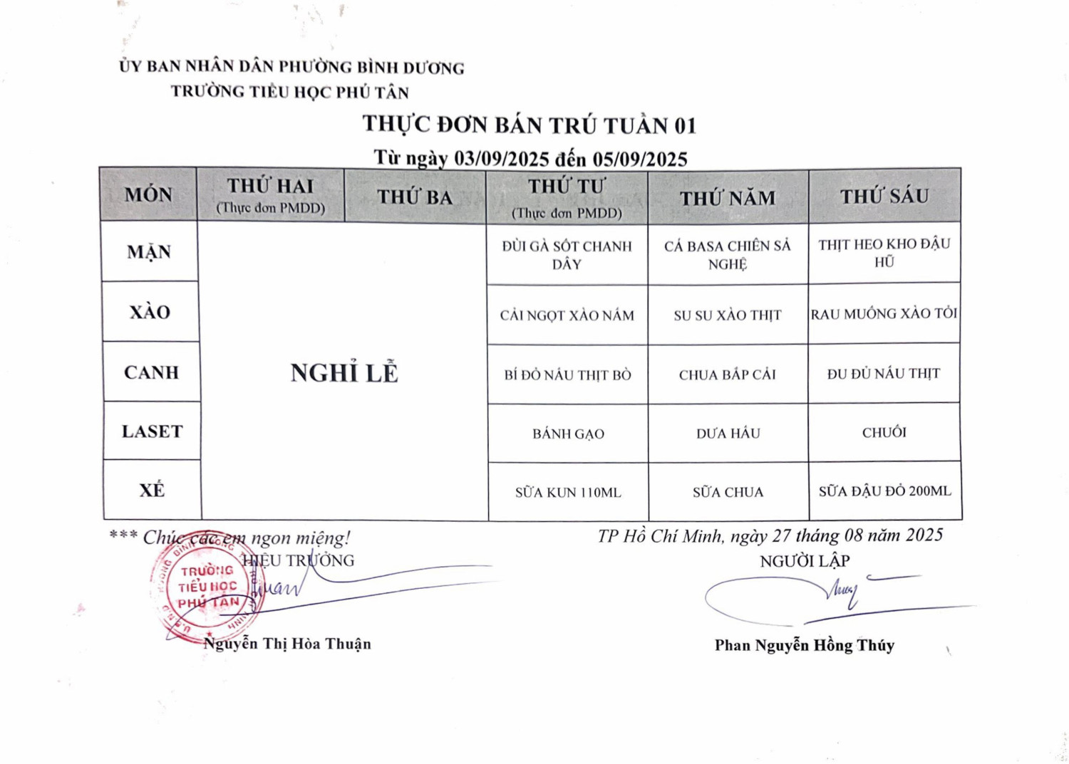 Thực đơn Tuần 1