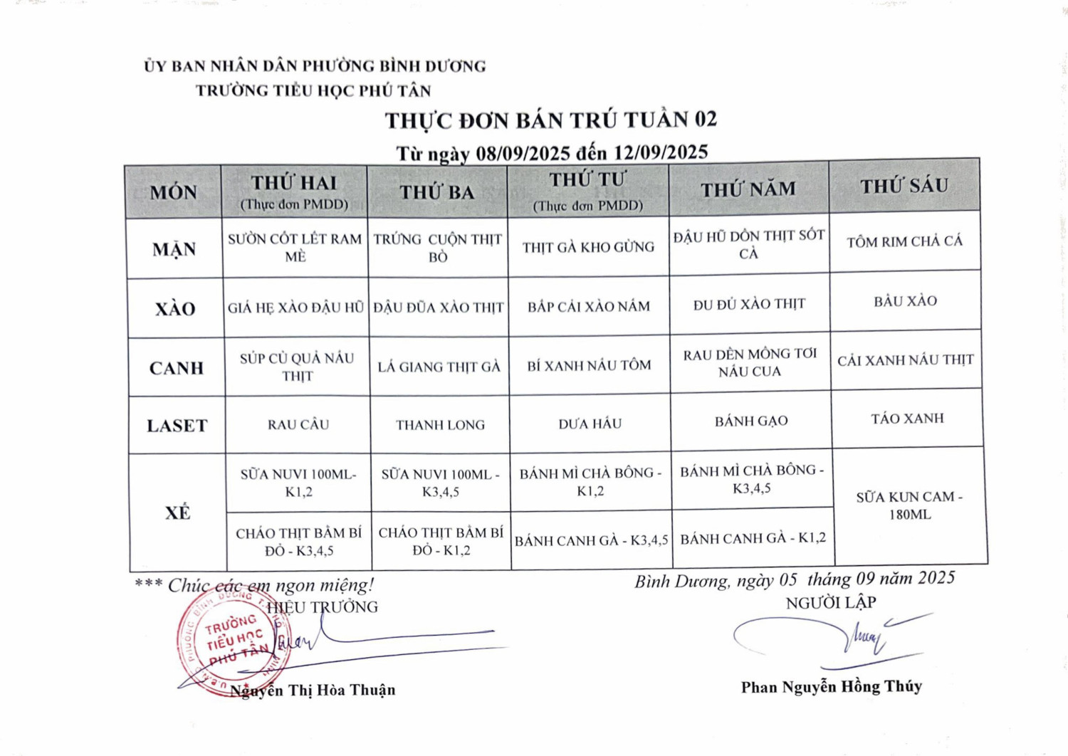 Thực đơn tuần 2