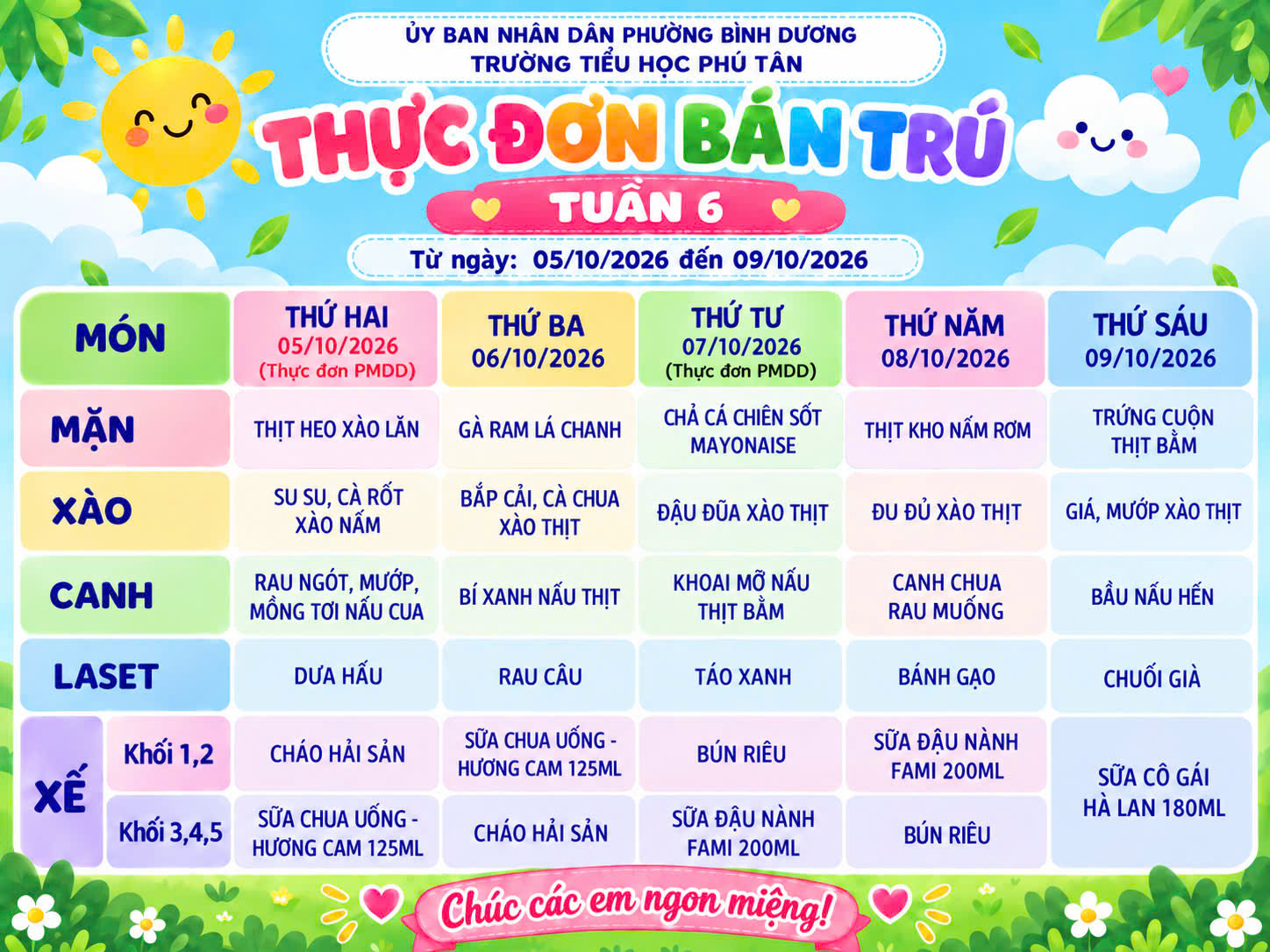 THỰC ĐƠN TUẦN 6 (NĂM HỌC 2026-2027)